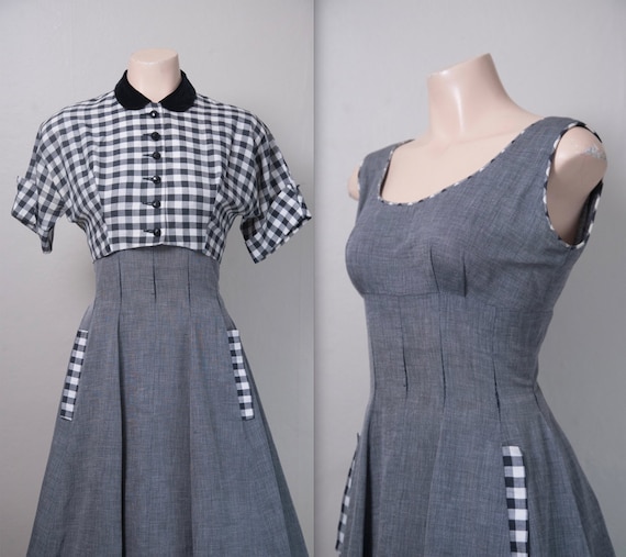 1950s Black, White and Grey Gingham dress and bole