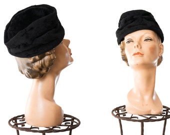 1960s Black Faux Fur Hat / 60s Pillbox / Turban Style Cap