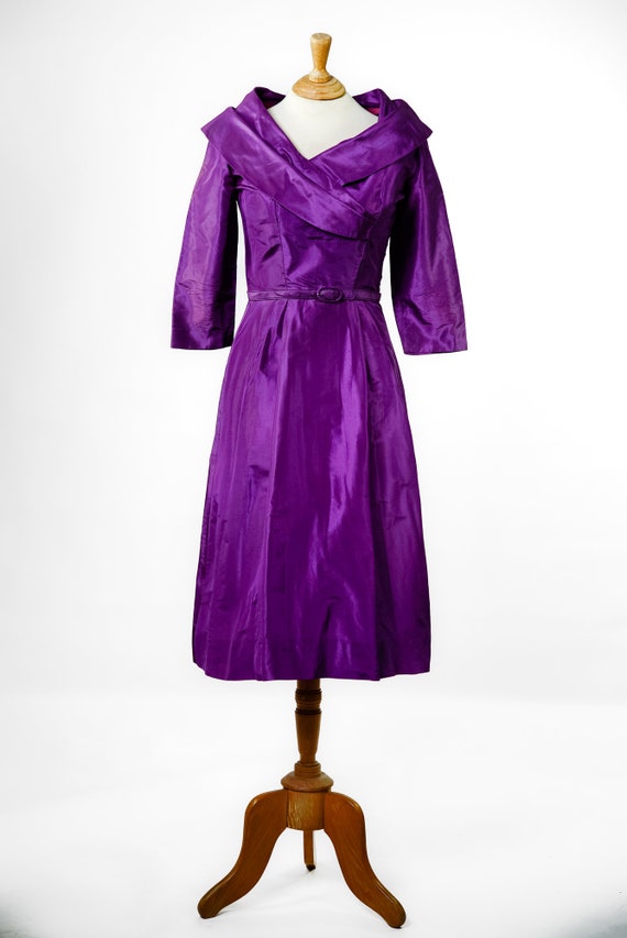 1950s REMBRANDT Royal Purple Silk Dress with Dram… - image 2