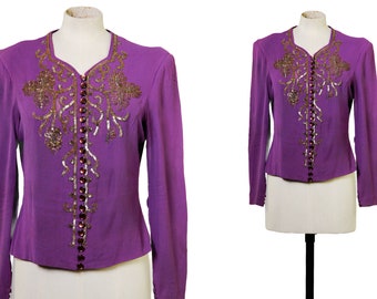 1940s Purple Crepe Jacket / 40s Sequin Button Up Top / 38" Bust