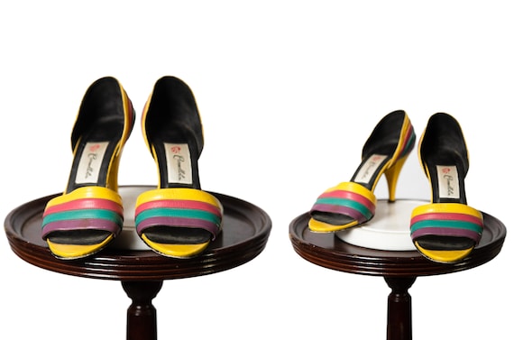 1980s Rainbow Heels / Yellow / Purple / Pink and … - image 1