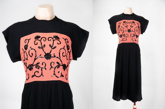 Vintage 1940s Dress / 40s Rayon Crepe Sequined Flo