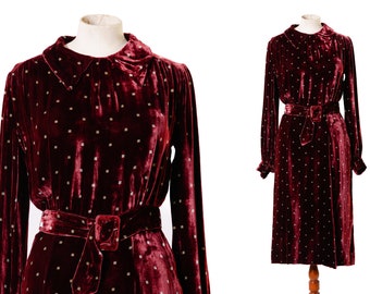 1940s Burgundy Velvet Dress with Green Checked Pattern / 30s 40s Silk Velvet Cocktail Dress