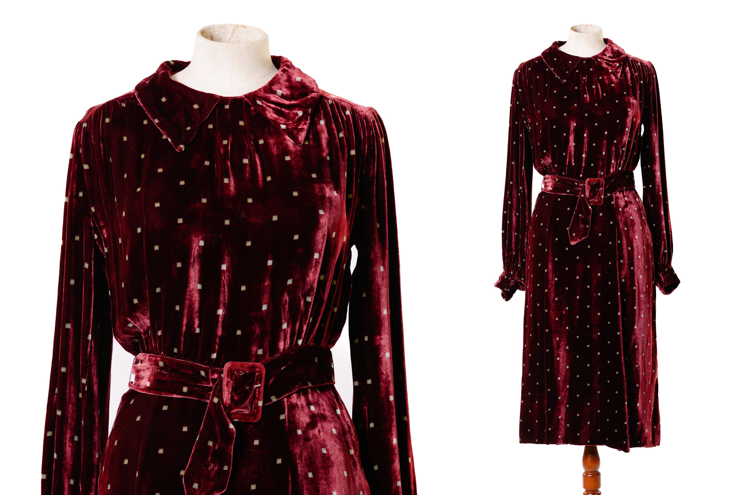 1940s Burgundy Velvet Dress with Green Checked Pattern / 30s 40s Silk Velvet Cocktail Dress