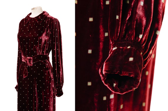 1940s Burgundy Velvet Dress with Green Checked Pa… - image 3