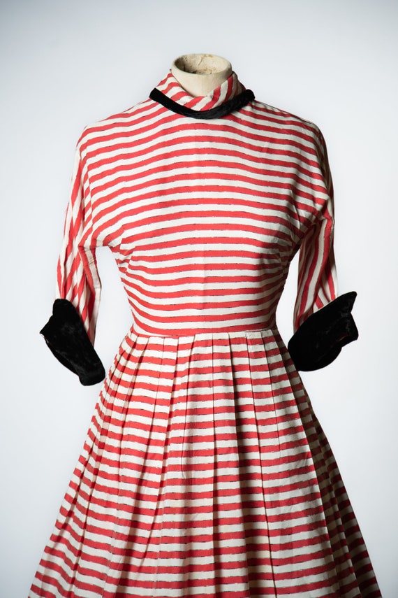 1940s / 1950s Red, White and Black Striped Dress … - image 4