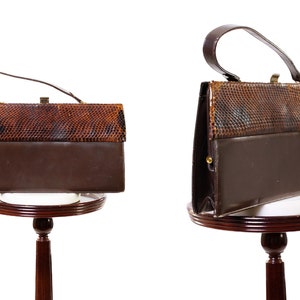 1950s 1960s Brown Leather Snake Skin Handbag / 50s 60s Purse