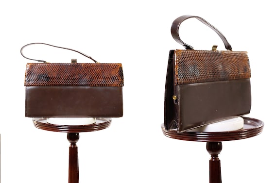 1950s 1960s Brown Leather Snake Skin Handbag / 50s 60s Purse