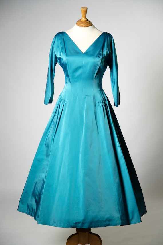 1950s Teal Blue Satin Tea Length Dress / 28" Waist - image 2