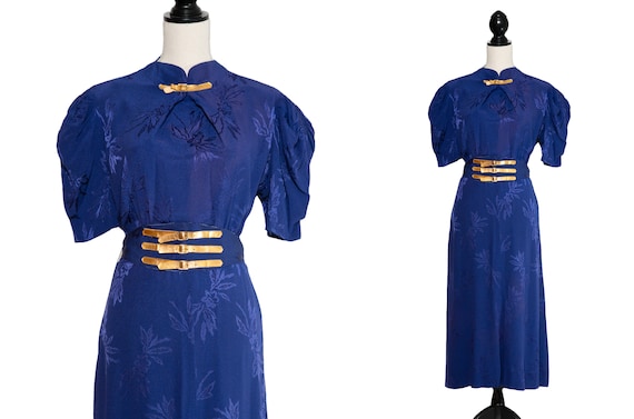 1930s Royal Blue Dress with Gold Belt Details / 3… - image 1
