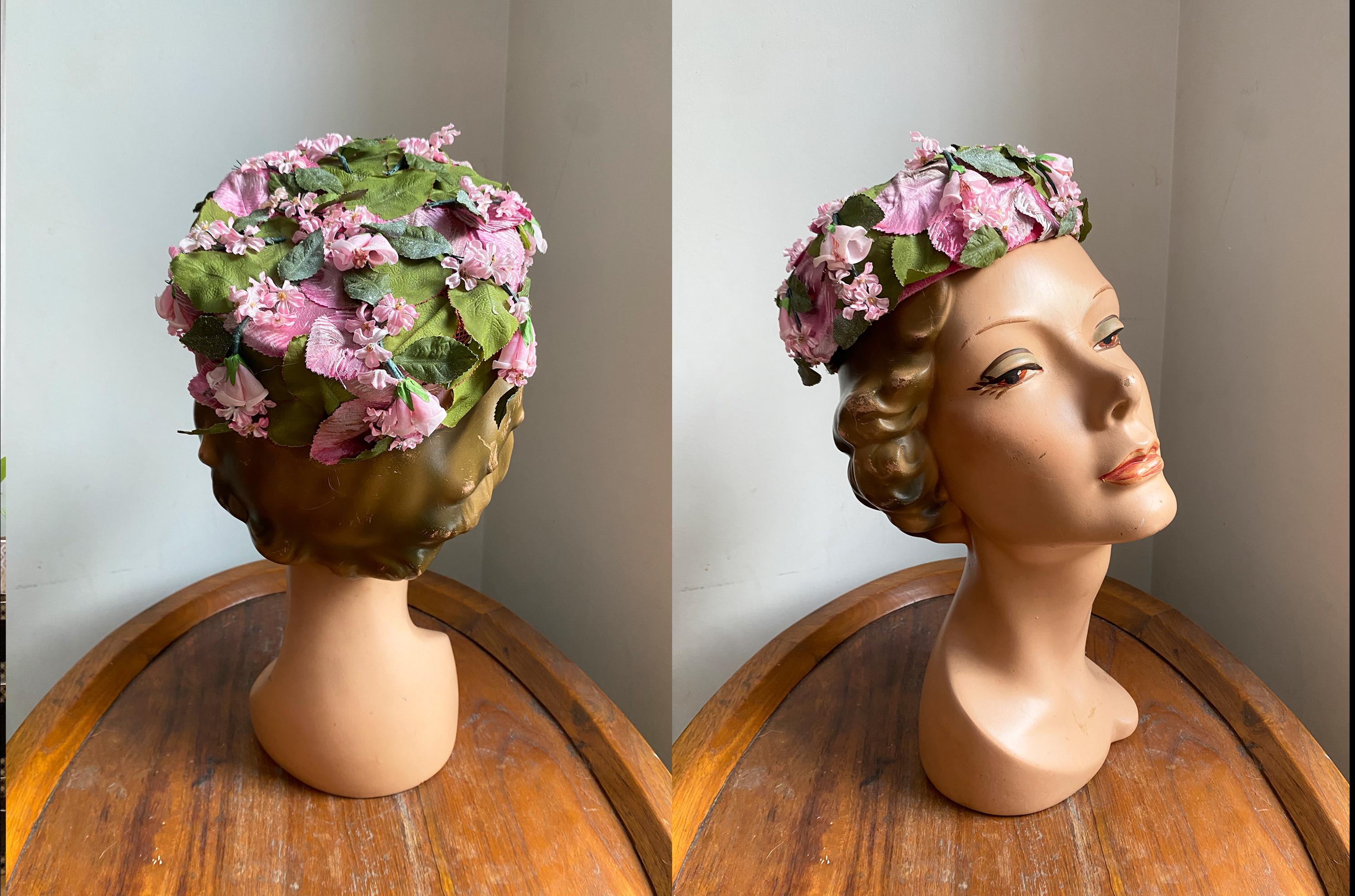 Vintage 60s pillbox hat pink sheer netting faux flowers sz 21” 6 3/4 by Sonni Ca Angeline Alice Millinery | Pink vintage straw pillbox hat  main image 3
