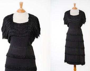1950s Black Crepe Fringe Wiggle Dress / 29" Waist