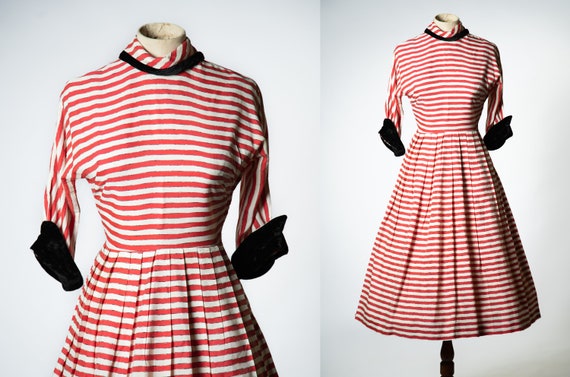 1940s / 1950s Red, White and Black Striped Dress … - image 1