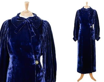 1930s Silk Velvet Full Length Robe / 30s Dark Blue / Navy Opera Coat / 28" Waist