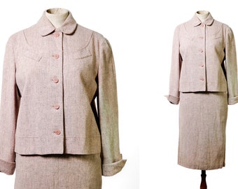 1950er / 1960er Jahre WEDGEMOOR Rosa Tweed-Rock-Anzug