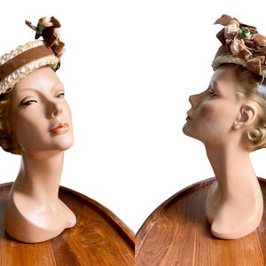 1950s 1960s Floral Hat / 50s 60s Brown Pillbox with Flowers