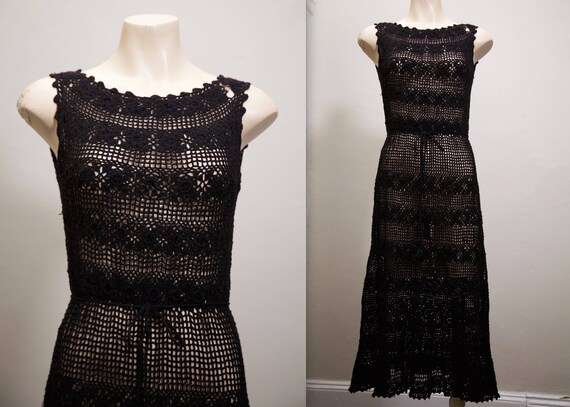 1960s crochet 3/4 black dress with tassel belt