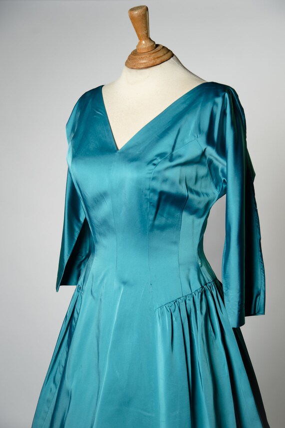 1950s Teal Blue Satin Tea Length Dress / 28" Waist - image 3