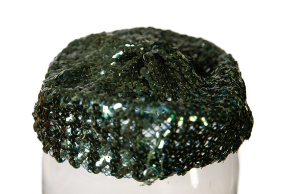 1950s / 1960s Green Sequin Pillbox Mini Hat with … - image 6