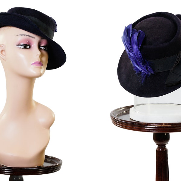 1940s Navy Fedora With Blue Feather / 40s tilt hat with ribbon bow