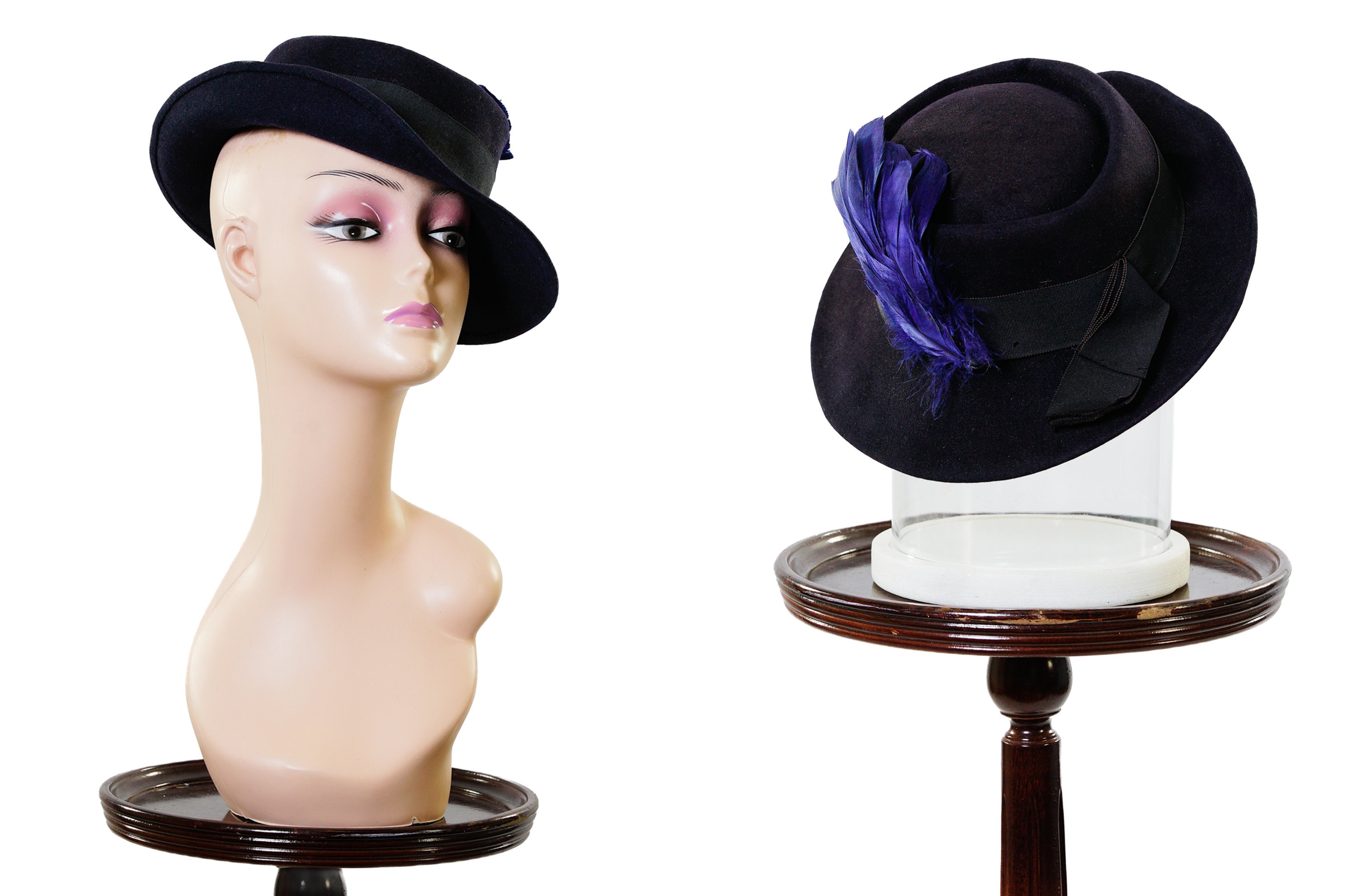 FASHIONABLE 1940s\' STEELE BLUE FELT FEDORA + PURPLE DRAPED BAND + CURVED FEATHER Purple Wool Felt Fedora Hat with Feather Trim Size Medium  main image 4
