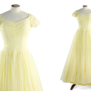 1950s Buttercup Yellow Chiffon Ballgown / 50s Pastel Princess Gown
