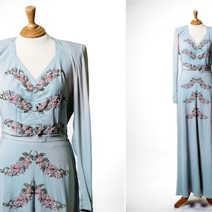 1940s Dusty Blue Crepe Full length Dress with Beading / 40s Beaded Dress / 29&quot; Waist