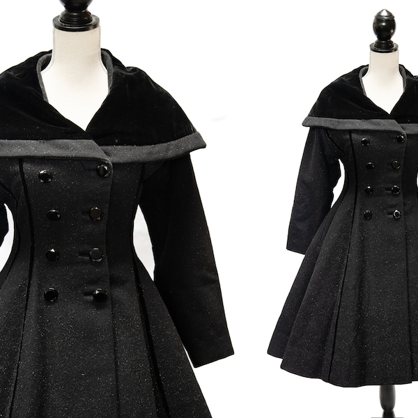 Manteau princesse Lilli Ann des années 1950/veste noire garniture en velours/taille jusqu'à 30 po.