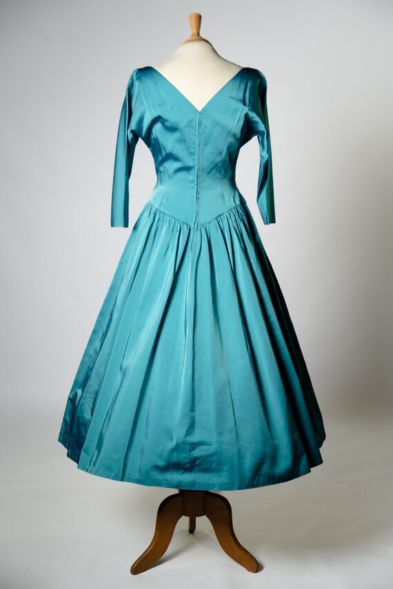 1950s Teal Blue Satin Tea Length Dress / 28" Waist Gem
