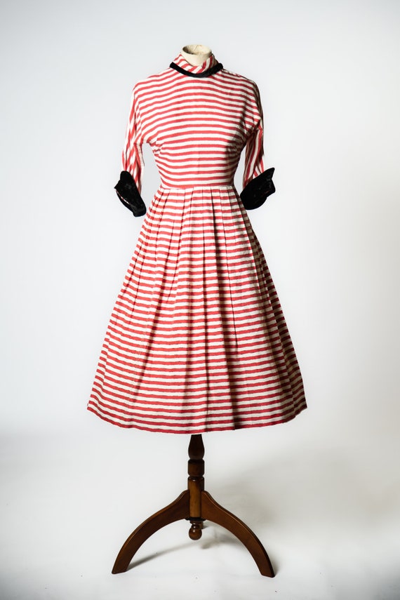 1940s / 1950s Red, White and Black Striped Dress … - image 2