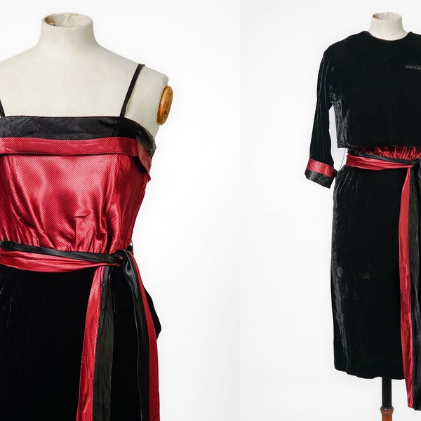 1950s / 1960s DORIS DODSON Red Satin and Black Velvet Dress and Bolero Set