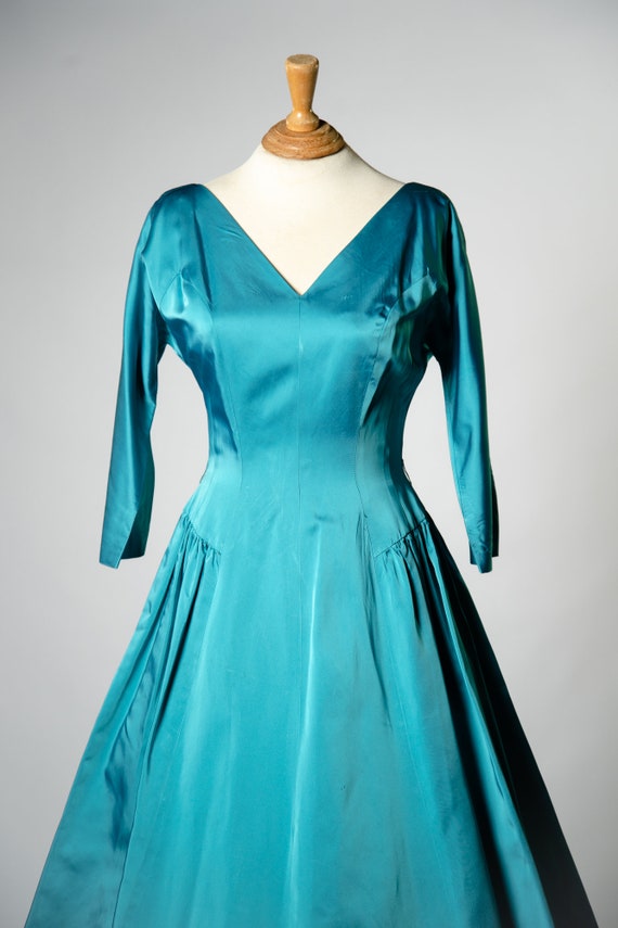 1950s Teal Blue Satin Tea Length Dress / 28" Waist - image 4