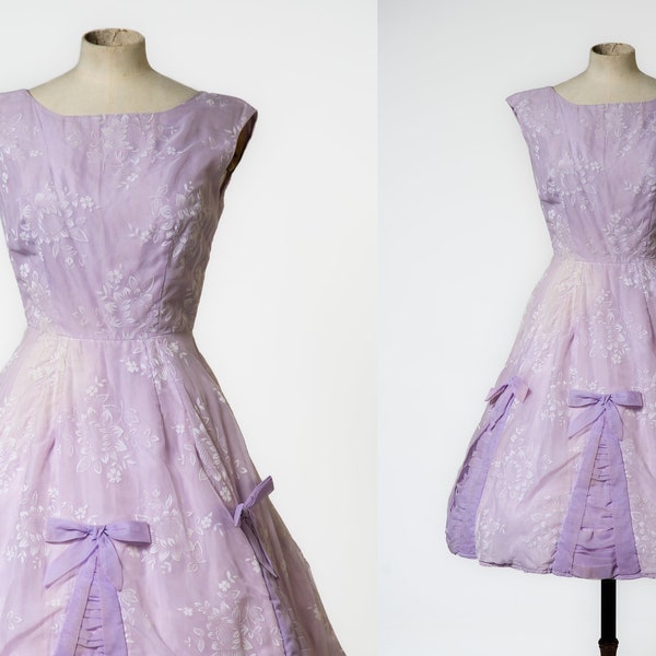 1950s Lavender and White Flocked dress with Bows