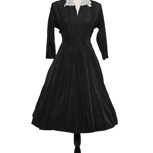 1950s Black Dress with White Lace Collar / 50s Fit and Flare Dress / 30 Waist image 2