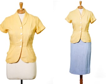 1940s Warm Yellow Linen Button up Blouse