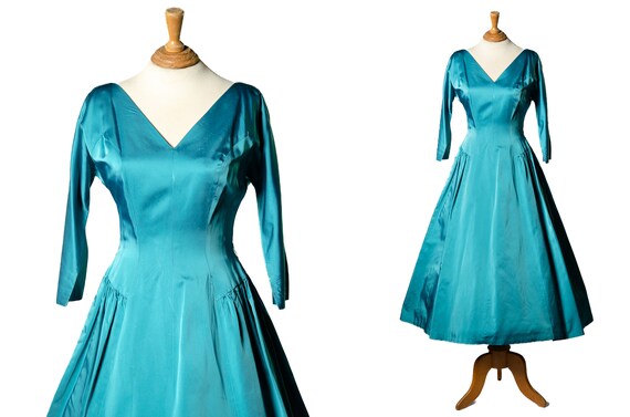 1950s Teal Blue Satin Tea Length Dress / 28" Waist - image 1