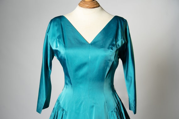 1950s Teal Blue Satin Tea Length Dress / 28" Waist - image 5
