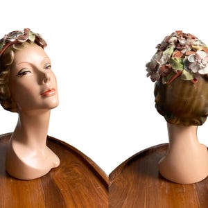 1950er Jahre Blümen Mini Hut / 50s Grün Creme und braunen Hut mit Blumen