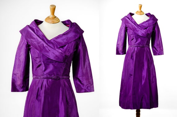 1950s REMBRANDT Royal Purple Silk Dress with Dram… - image 1