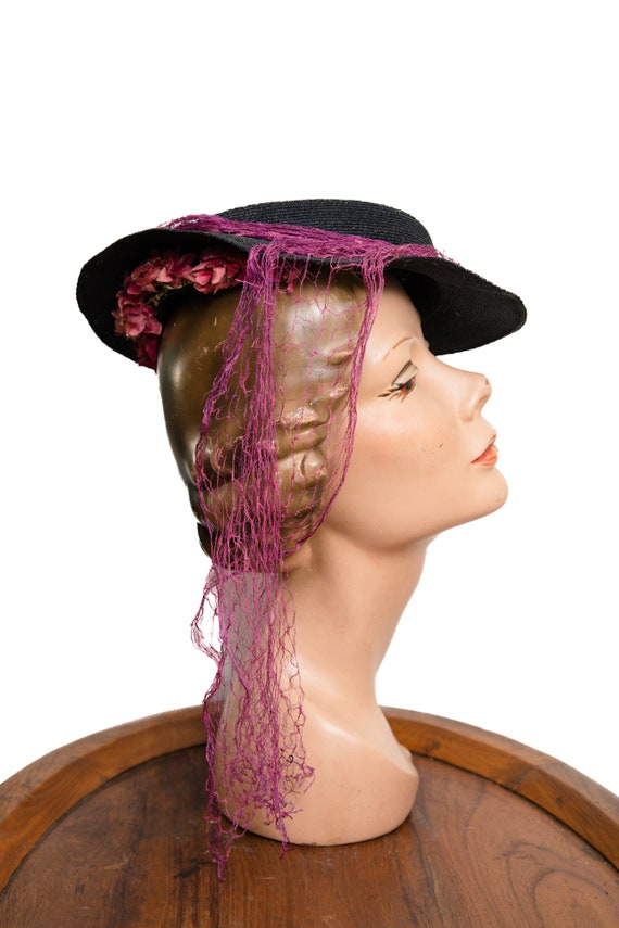 1930s / 1940s Navy Straw Hat with Fuchsia Pink Fl… - image 3