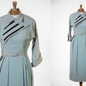 1950s MARY MUFFET Blue Asymmetrical Dress with Black details