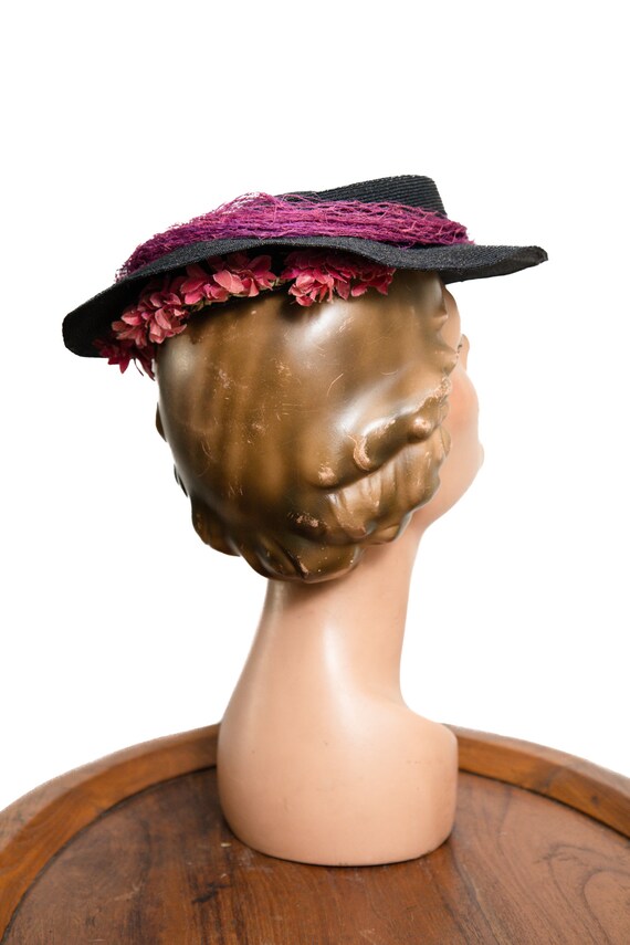 1930s / 1940s Navy Straw Hat with Fuchsia Pink Fl… - image 5