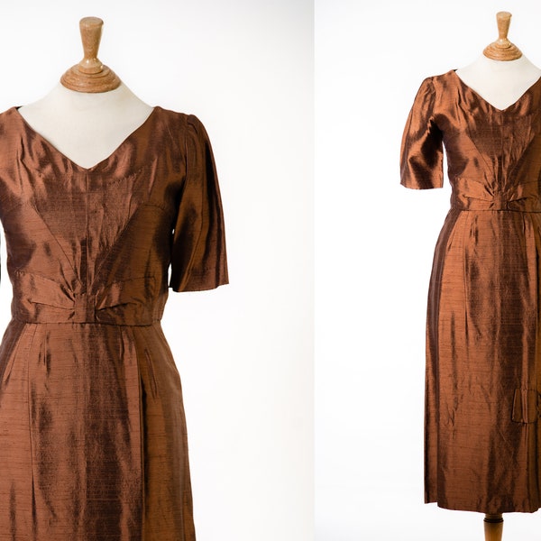 1950s / 1960s Brown Raw Silk Cocktail Dress with bows / 28" Waist