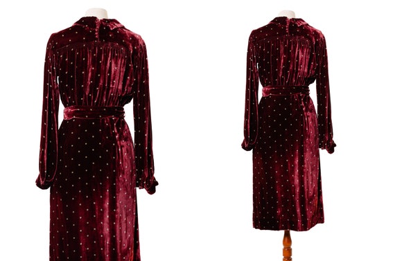 1940s Burgundy Velvet Dress with Green Checked Pa… - image 6