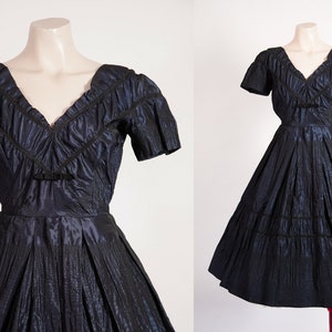 1950s Navy and black taffeta fit and flare dress