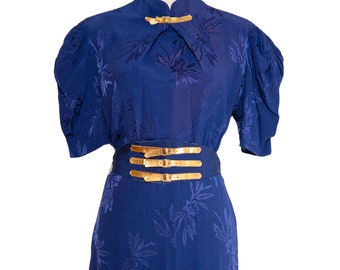 1930s Royal Blue Dress With Gold Belt Details / 30s Jacquard Crepe Puffed  Sleeve Gown / 33" Waist - Etsy