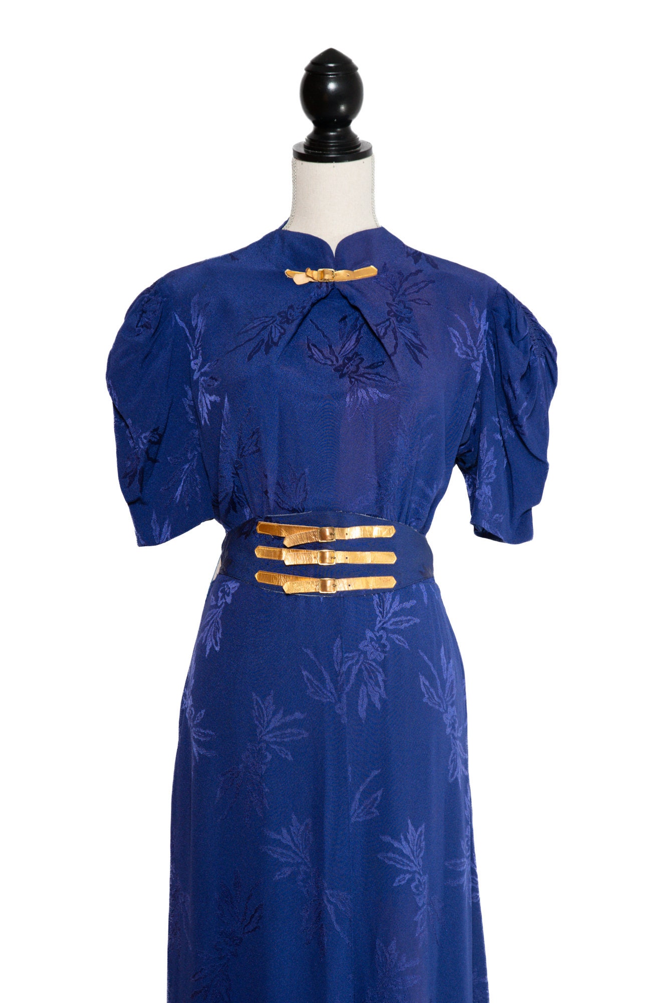 1930s Royal Blue Dress With Gold Belt Details / 30s Jacquard Crepe Puffed  Sleeve Gown / 33" Waist - Etsy