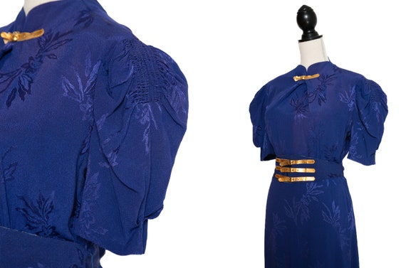 1930s Royal Blue Dress with Gold Belt Details / 3… - image 4
