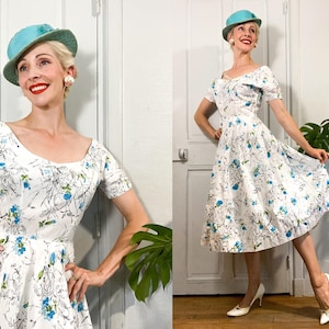 1950s Floral Day Dress / 50s White Fit and Flare Dress with Blue Flowers