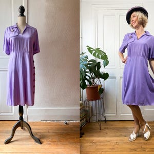 1940s Purple Day Dress with wooden Buttons / 40s Utility Dress